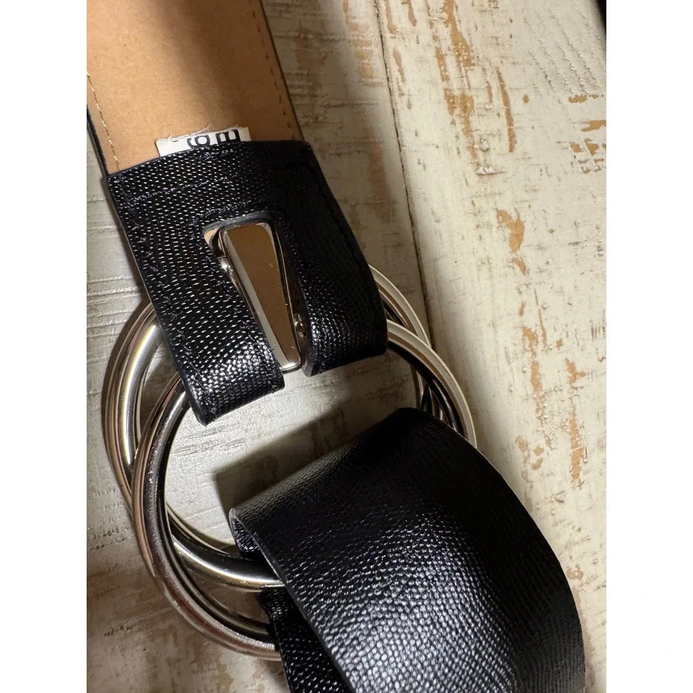 Ann Taylor Womens Black Lizard Embossed Wide Waist Belt Silver Double Ring S